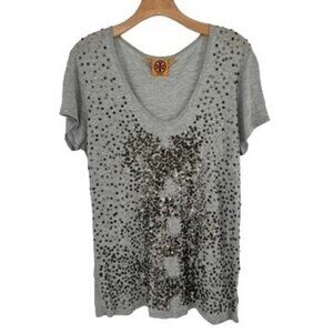 Tory Burch top shirt Womens Grey Sequin Embellished V Neck T Shirt Size Medium